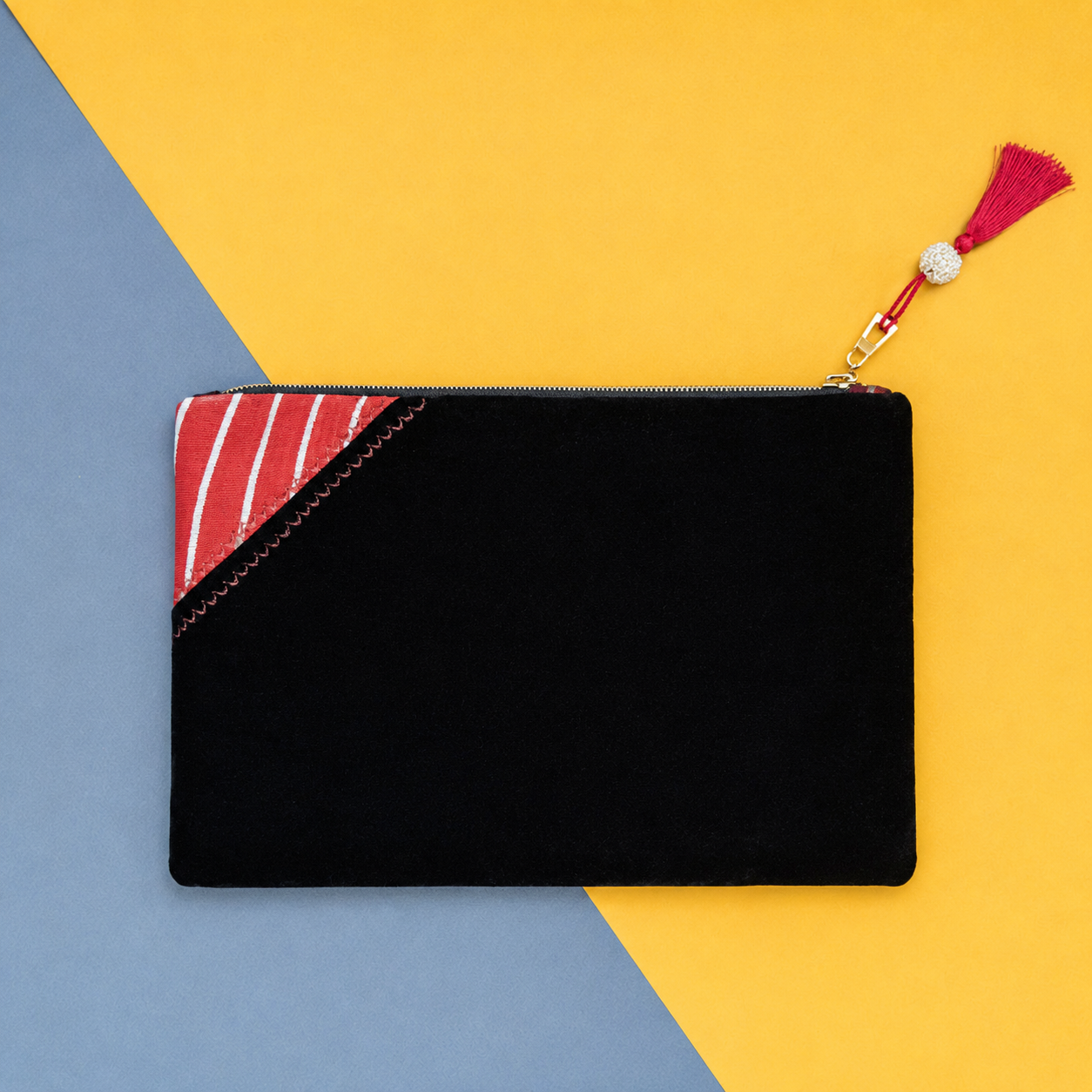 Kırmızı Siyah Kadife Kutnu Clutch